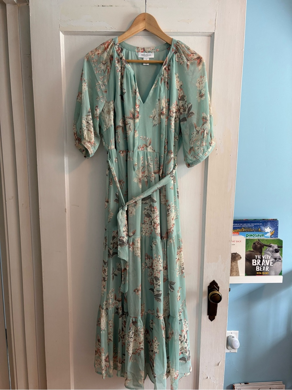 Mint Floral Maternity Maxi Dress with Tie Waist